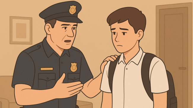 Ilustrasi polisi menasehati pelajar. [ChatGPT/FT News]